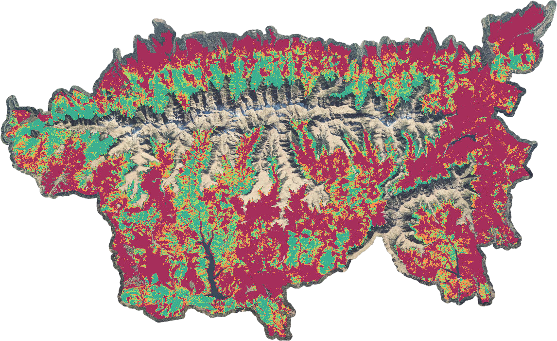 Map of predicted old-growth forest probability across the Făgăraș Mountains